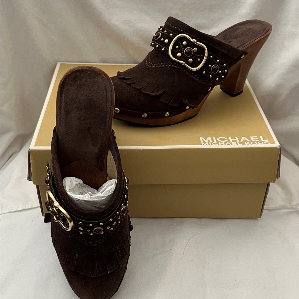 Michael Kors Brown Suede Studded Fringe Clog Mules